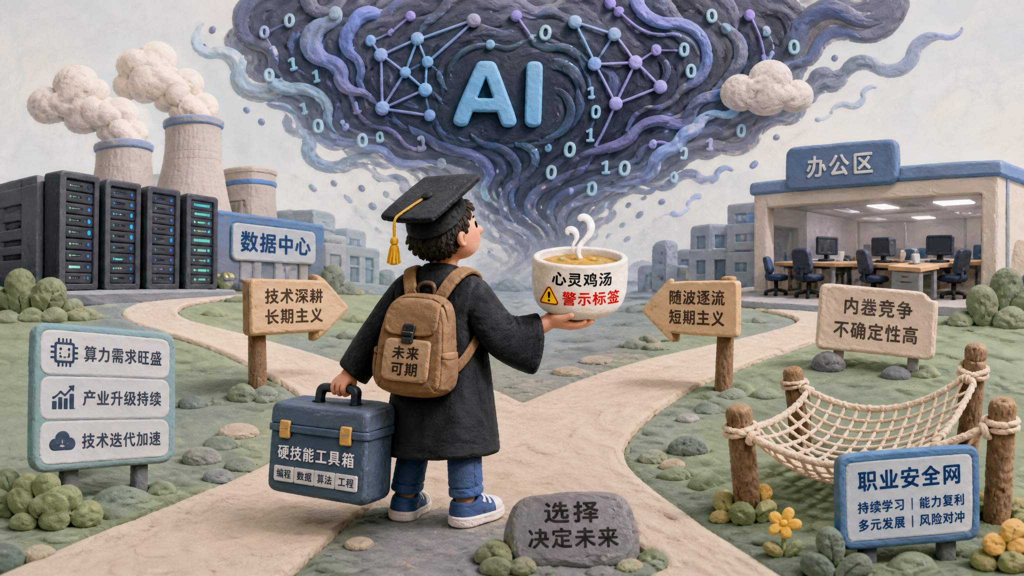 年轻毕业生背着书包站在AI风暴前的十字路口，一只手拿工具箱一只手端着带警示标签的鸡汤，远处有数据中心、办公室空位和安全网，浅色背景的商业评论版橡皮泥平面信息图的统一风格。