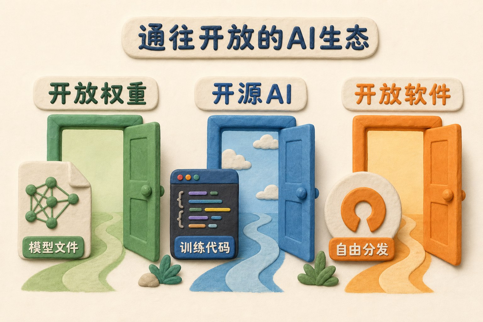 标有开放权重、开源AI、开放软件的不同入口并列展示，模型文件、训练代码和自由分发符号分别放在对应入口旁，不显示任何数字或日期，浅色背景的商业评论版橡皮泥平面信息图的统一风格。