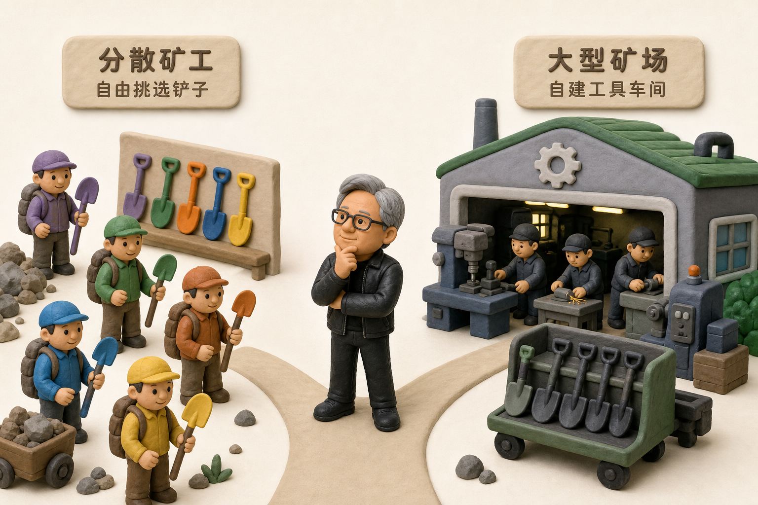 分散矿工自由挑选铲子与大型矿场自建工具车间形成左右对照，黄仁勋站在中间观察选择变化，不显示任何数字或日期，浅色背景的商业评论版橡皮泥平面信息图的统一风格。
