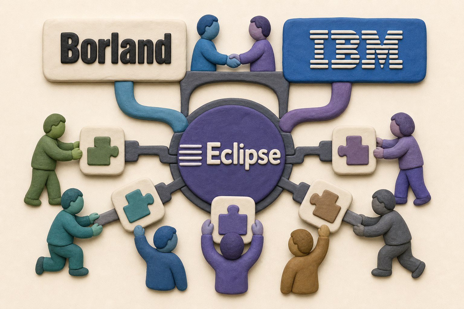 Borland开发工具与IBM推动的Eclipse平台在软件生态中交汇，多个厂商把各自插件接入统一框架，画面呈现合作与替代的张力，不显示任何数字或日期，浅色背景的商业评论版橡皮泥平面信息图的统一风格。