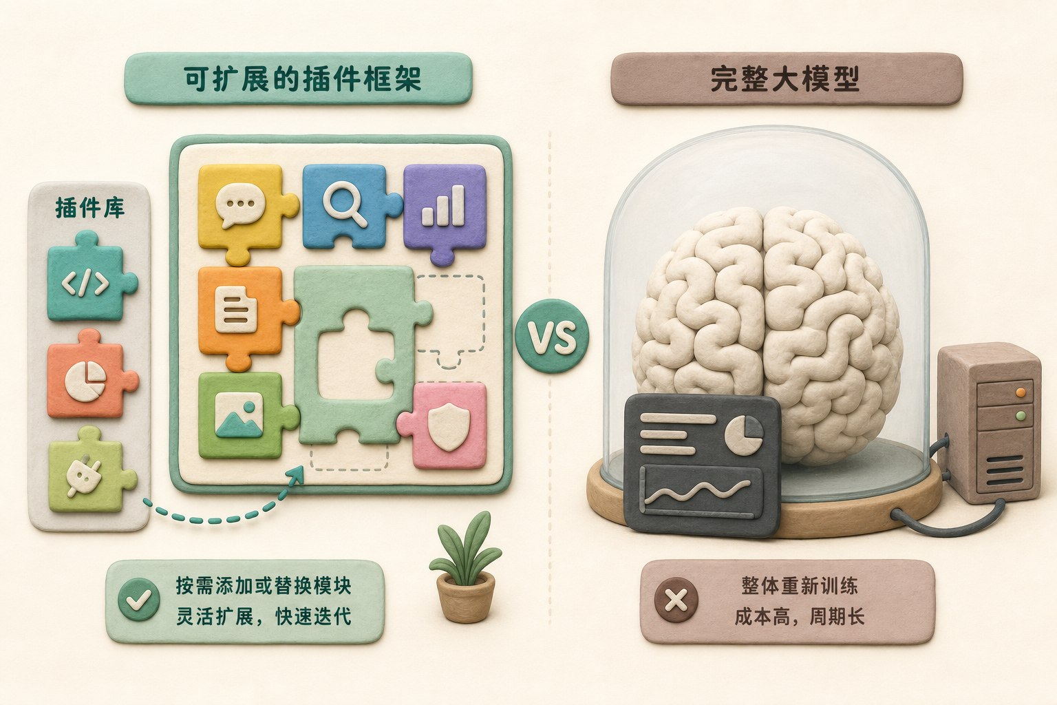 左侧是可不断添加模块的软件插件框架，右侧是每次都要整体重训的完整大模型，两种工程形态形成直观对照，不显示任何数字或日期，浅色背景的商业评论版橡皮泥平面信息图的统一风格。