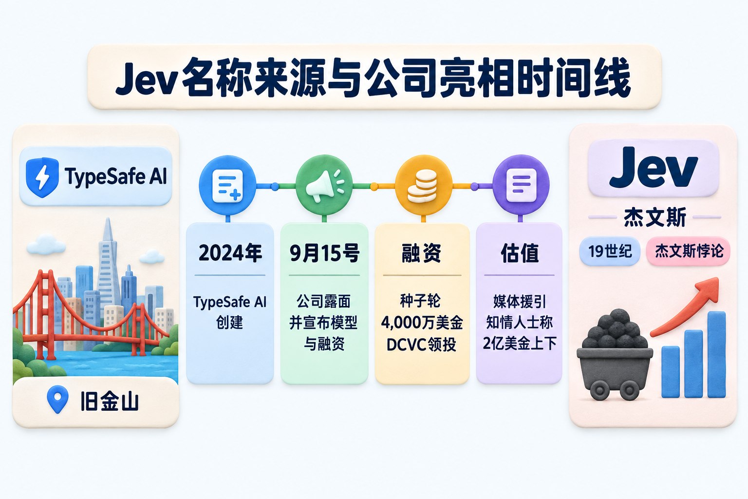 Jev名称来源与公司亮相时间线,左侧是“TypeSafe AI”公司卡与旧金山标识,中间依次排列创建、公开亮相和融资节点,右侧是“Jev—杰文斯悖论”关系卡,用煤耗上升的简明图标表达效率提高后使用增加;可见事实元素:TypeSafe AI、旧金山、2024年、9月15号、种子轮融资4,000万美金、DCVC领投、媒体援