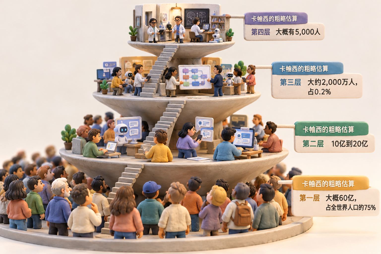 画面中央是一座由四层手工捏塑平台组成的漏斗形微缩场景,底部是尚未接触AI的人群,中间有人拿聊天助手、有人把完整项目交给智能体,尖端仅有极少数研究者站在实验室门内;平台之间留出明显的层级距离,数字是附在对应平台上的小型立体标牌,不画成已调查确认的人口统计图