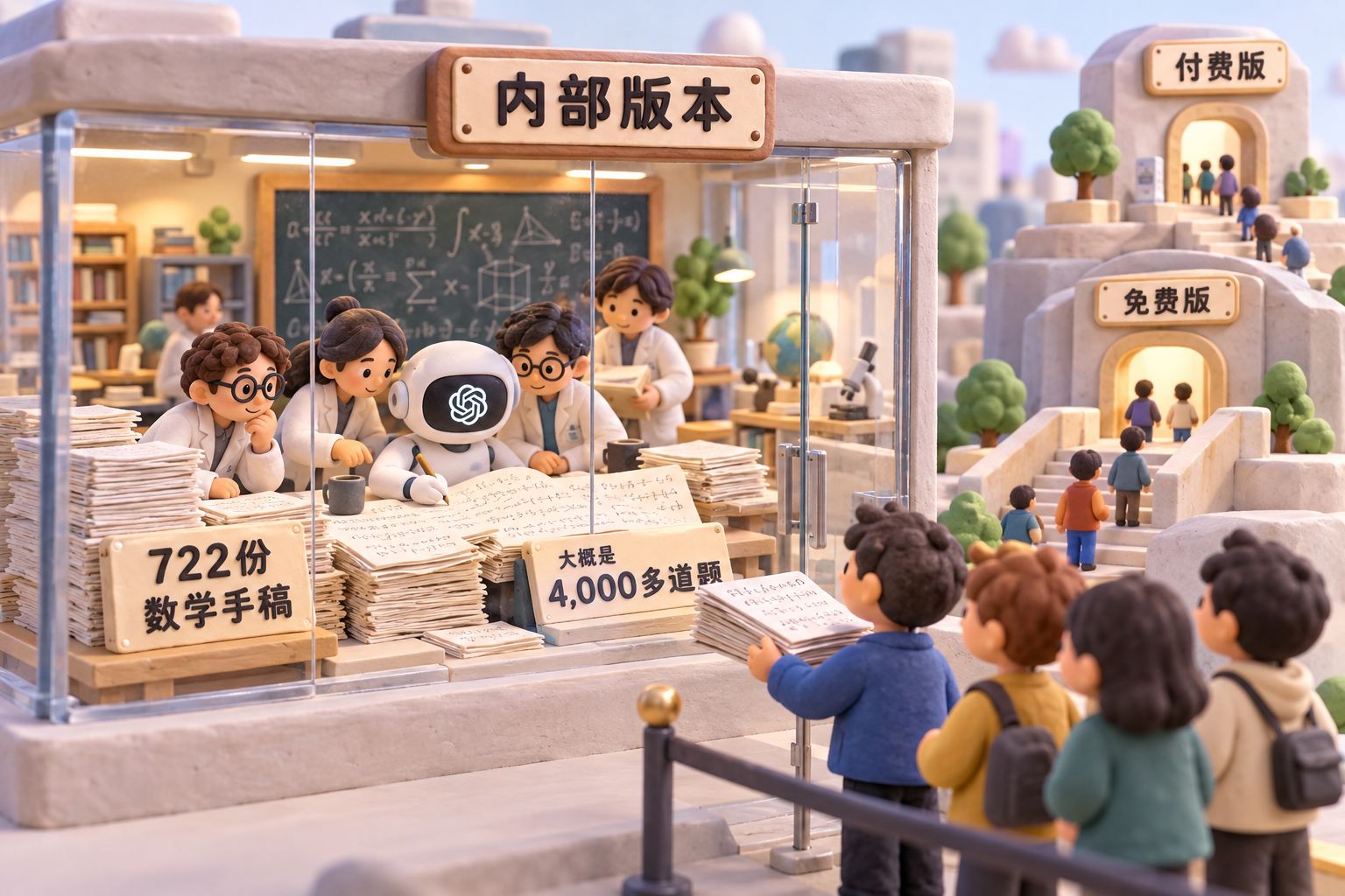 一座微缩实验室有透明门,门内研究者围着正在写数学手稿的前沿系统工作,门外的人只能看到递出的成叠手稿;远景有分层入口,突出访问权限的距离,而非将手稿数量画成科研成果排名