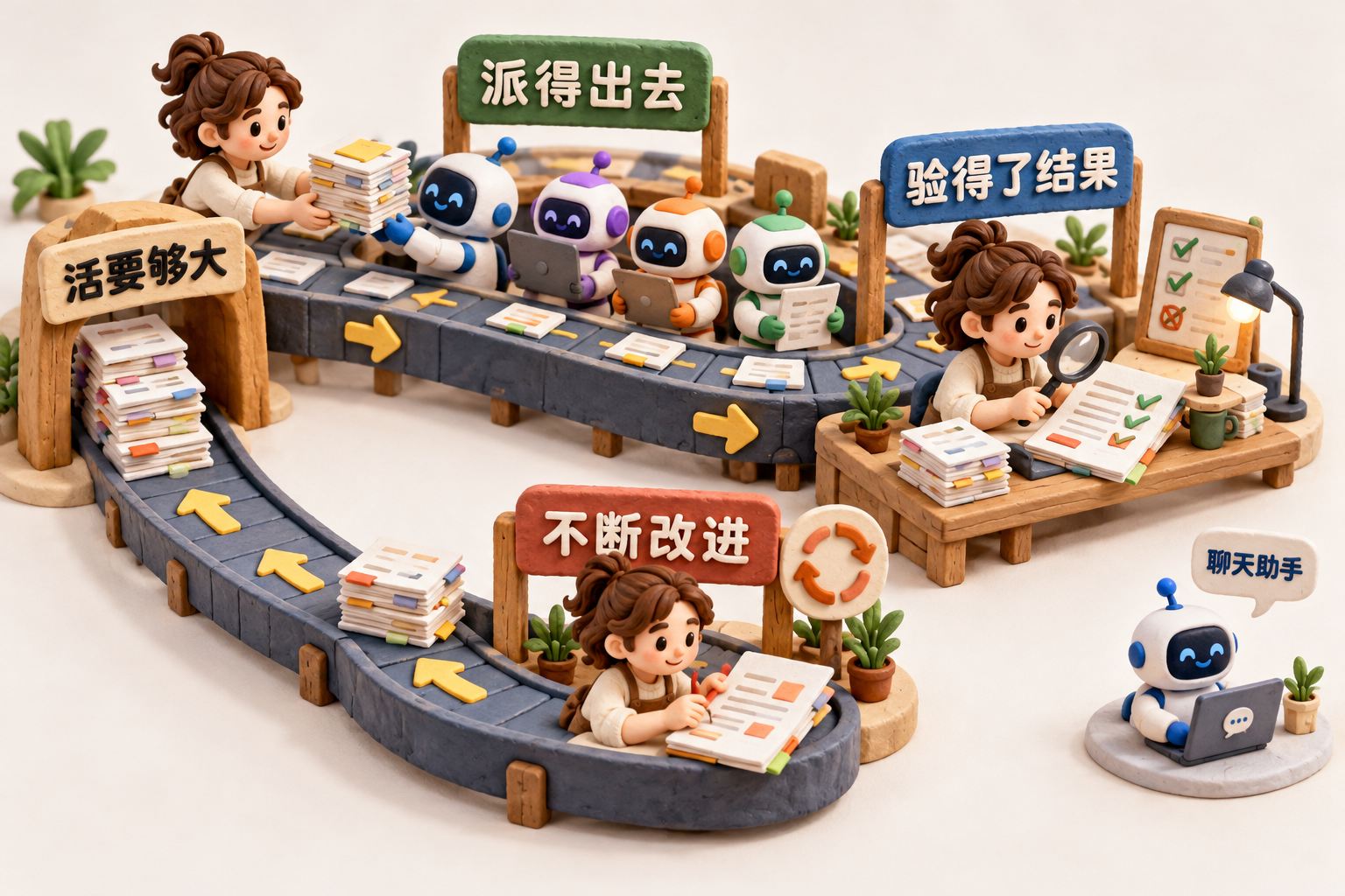 一位手工捏塑的创作者把一整摞待办工作交给几个智能体,另一侧在工作台上逐项检查交回的成果,再把修改后的流程送回起点,形成可见的立体环形工作路径;旁边只放一台聊天助手,位置与主循环分开