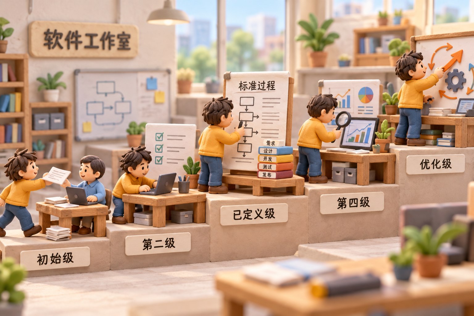 微缩软件工作室里,五个高度递进的立体工作台展示从随手交任务到写下标准过程、测量过程、继续优化的变化;人物沿着工作台移动,重点放在第三台的纸质流程与第五台的修改动作,避免画成对软件质量的评分