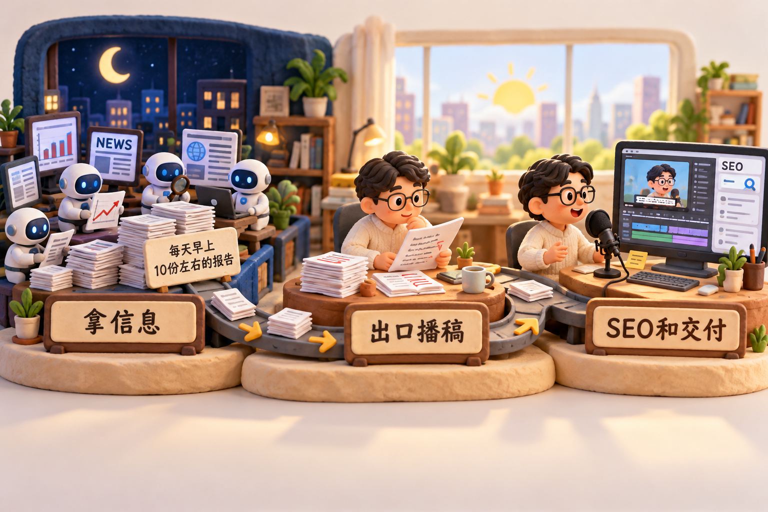 一张有昼夜两侧的微缩内容工作台,夜侧多个智能体搜集研报与新闻并交出报告,晨侧创作者阅读和批注,接着对着麦克风录口播,最右侧是视频字幕与SEO工作台;流程以实体道具连起来,人物在验收处明显停留
