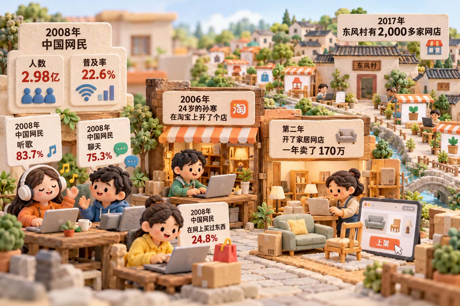 一条由手工捏塑摊位组成的互联网微缩街道,近处有人听歌、聊天,另一边小店主把家具摆进网店;远处的东风村小院逐步连到更多网店,展示使用深浅的区别,画面中的年份与数值分别立在各自场景旁,不把不同年份的数字画成同一时点
