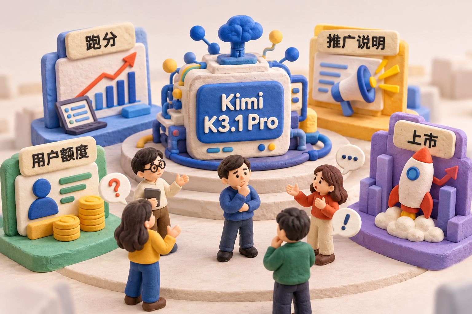 封面采用概念化微缩舞台，中央是标有Kimi K3.1 Pro的橡皮泥模型装置，周围依次摆放代表跑分、推广说明、用户额度和上市的道具，人物站在装置与这些道具之间，表现文章围绕模型发布展开的几重争议，不还原真实现场；可见事实元素：主体标识Kimi K3.1 Pro，概念标签“跑分”“推广说明”“用户额度”“上市”，标签只指