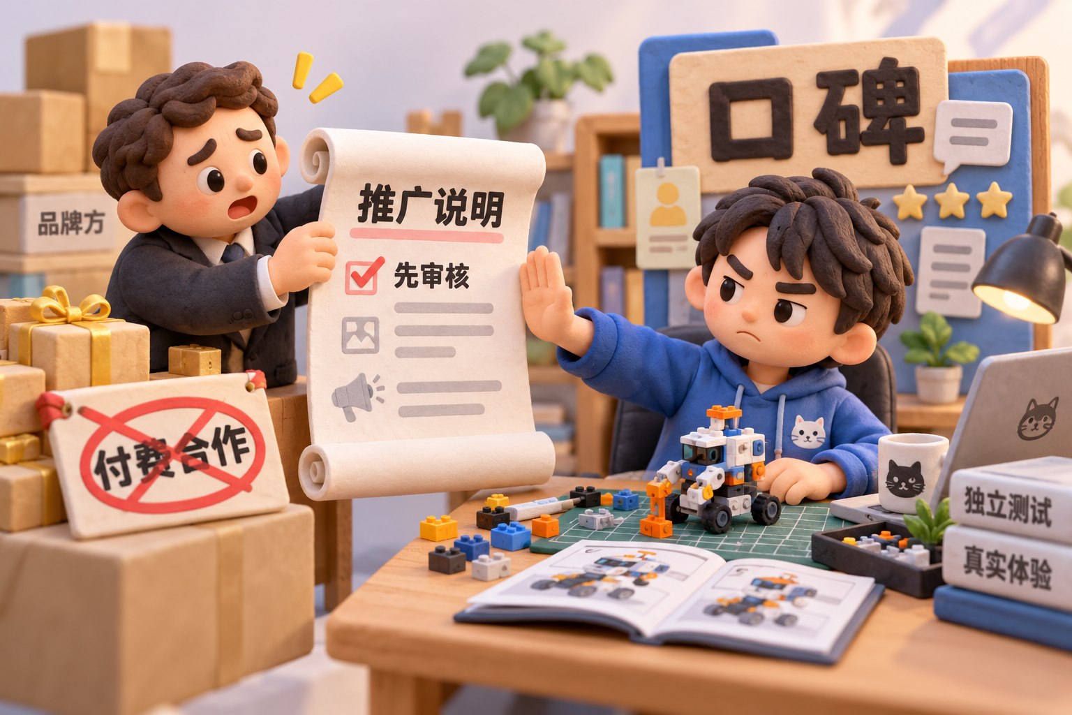 微缩橡皮泥场景中，一边是标有“推广说明”的卷页，另一边是标有“口碑”的评测者工作台，评测者伸手挡住卷页，桌面放置用于独立测试的模型积木；这是对合作冲突的概念表现，不仿造私信截图或真实现场