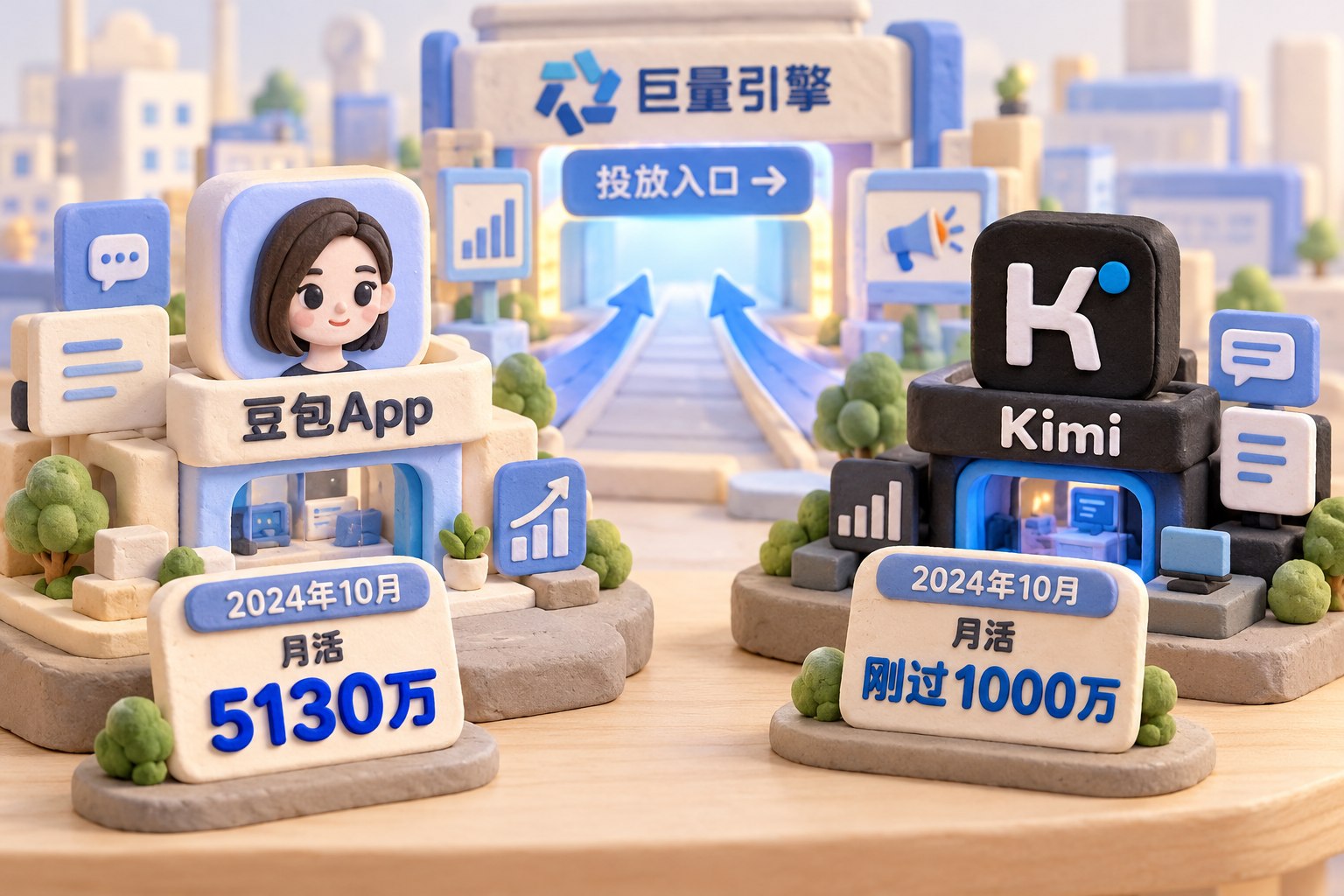 微缩橡皮泥桌面上并排摆放豆包App和Kimi两座模型装置，前景分别立起独立的月活数值标牌，不使用人物数量暗示新的比例，后景用巨量引擎标识的投放入口呼应相邻正文，整体是流量竞争的概念场景；可见事实元素：2024年10月豆包App与Kimi的月活对比，Kimi保留“刚过”的限定，不将月活画成付费用户