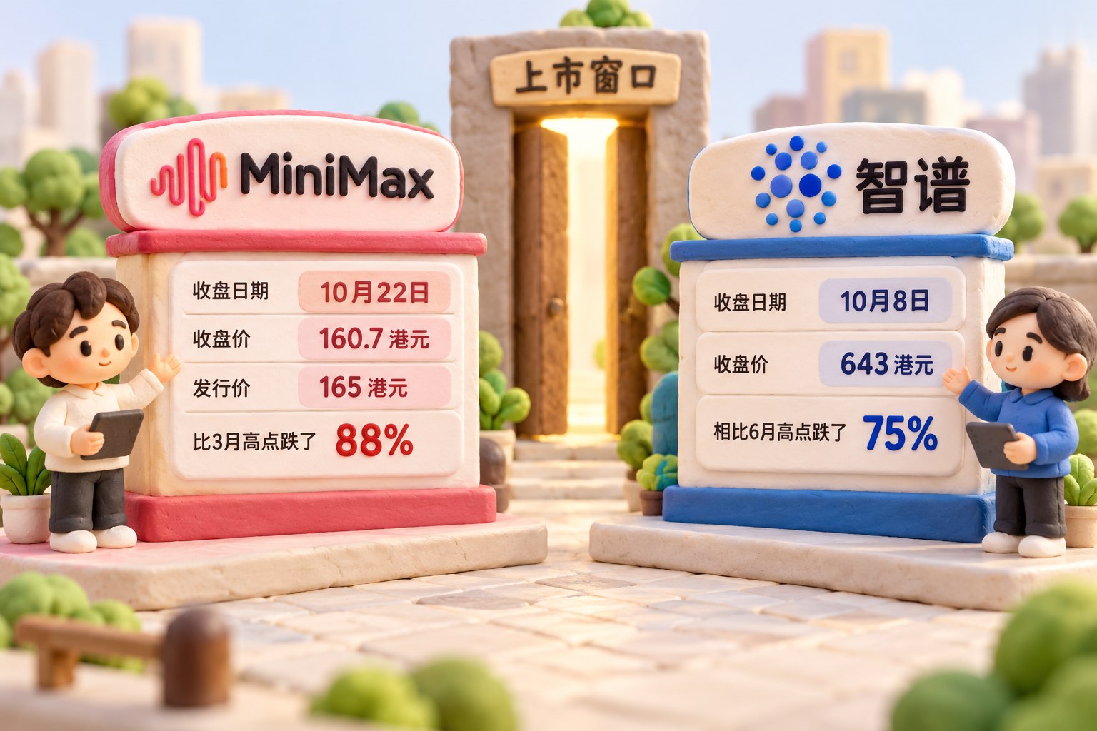浅色微缩橡皮泥场景中，MiniMax与智谱各有一座独立报价展示台，两个展示台分别标注各自收盘日期、价格及相对高点跌幅，不绘制没有来源的连续走势曲线，不以不同日期的数据组成同日排名；后方放置象征上市窗口的窄门道具，不表现月之暗面已经上市