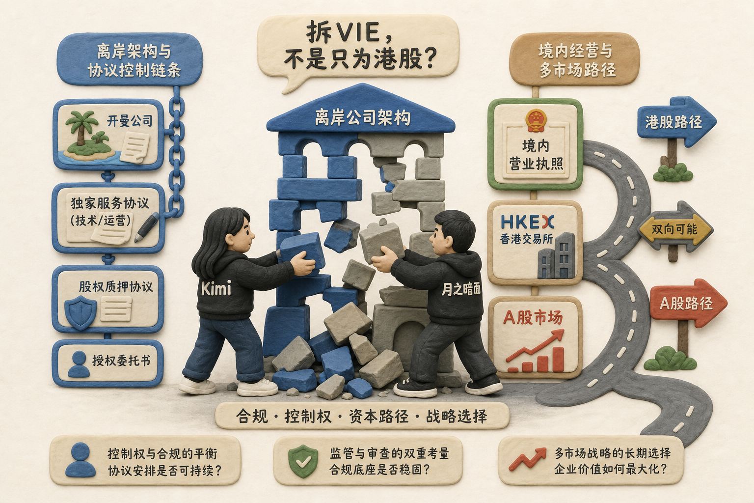 Kimi与月之暗面站在一座正在拆解的离岸公司积木架构前,左侧是开曼文件与协议控制链条,右侧是境内营业执照、港交所与A股双向道路,突出“拆VIE不是只为港股”的冲突感,不显示数字、日期或虚构上市结果,浅色背景的商业评论版橡皮泥平面信息图的统一风格。
