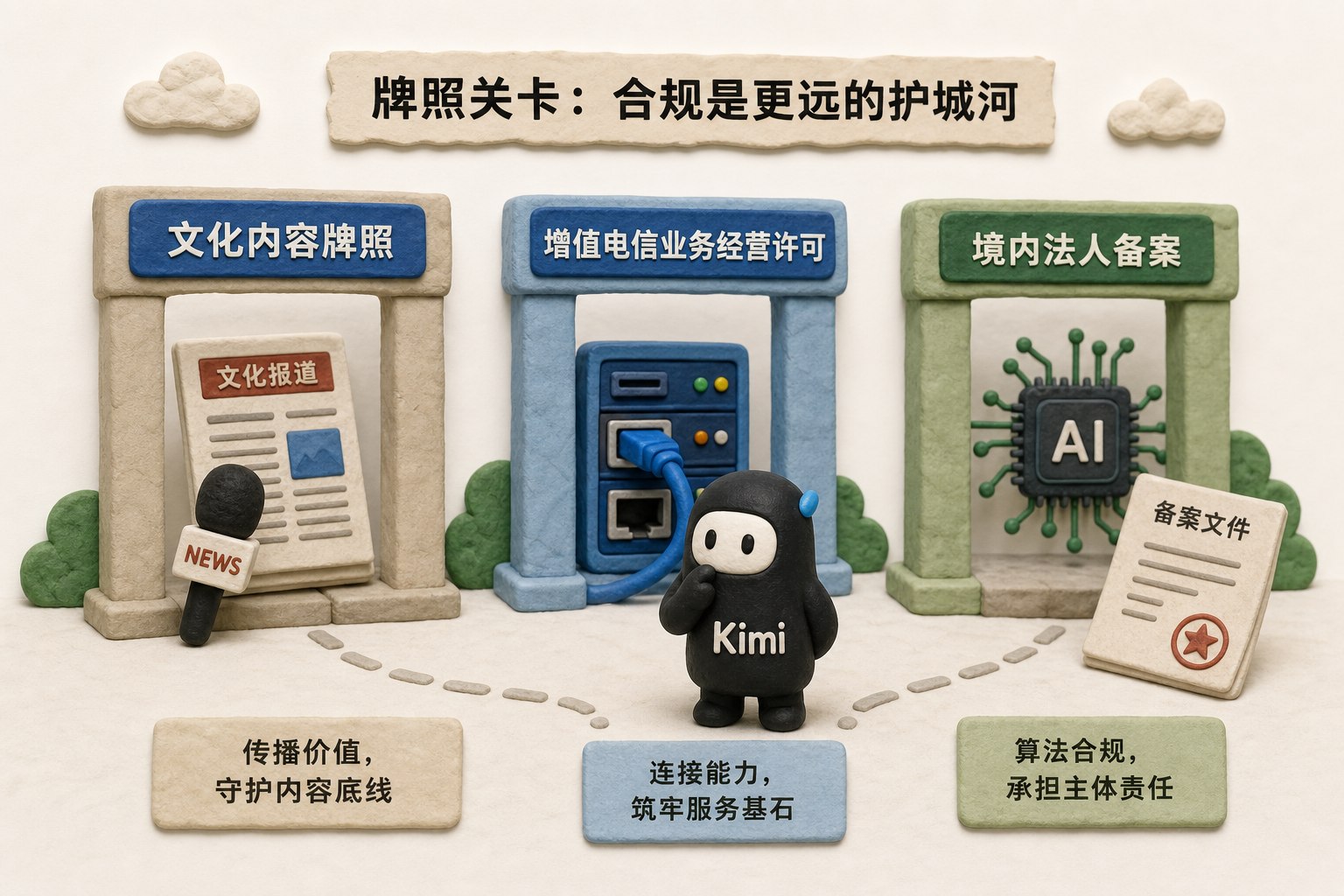 不同门槛的牌照关卡并列,文化内容、增值电信、境内法人备案分别用报纸话筒、服务器接口、算法芯片与备案文件表现,Kimi角色站在相关关卡之间,不显示数字、日期或未经正文披露的参数,浅色背景的商业评论版橡皮泥平面信息图的统一风格。