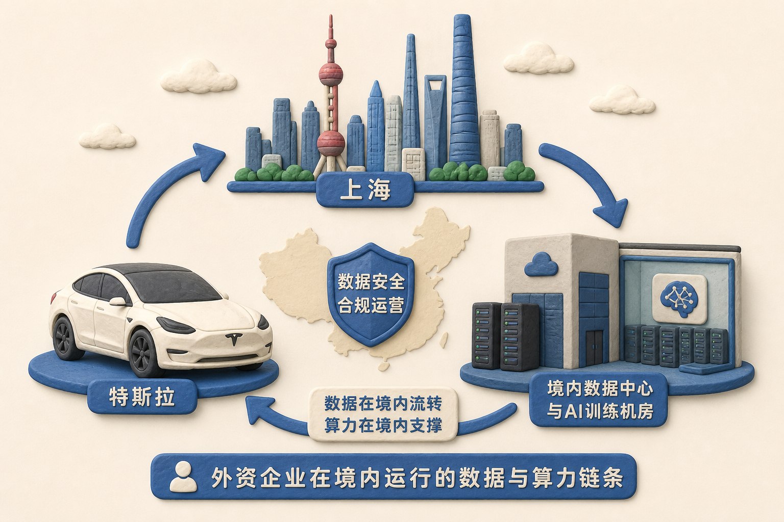 上海城市轮廓、特斯拉汽车、境内数据中心和AI训练机房组成闭环,数据流只在境内循环,画面表达外资企业在境内运行数据与算力链条,不显示数字、日期或未披露参数,浅色背景的商业评论版橡皮泥平面信息图的统一风格。