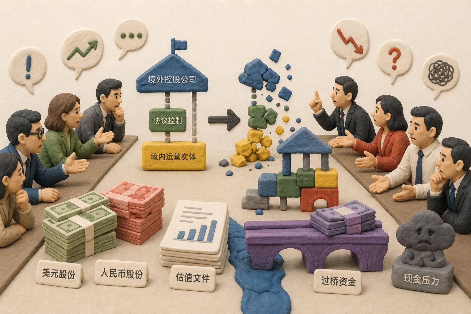 拆VIE谈判桌两侧摆着美元股份、人民币股份、估值文件和过桥资金,多方投资人意见不一,积木架构被拆开重组,表现长期协商与现金压力,不显示数字、日期或虚构金额,浅色背景的商业评论版橡皮泥平面信息图的统一风格。