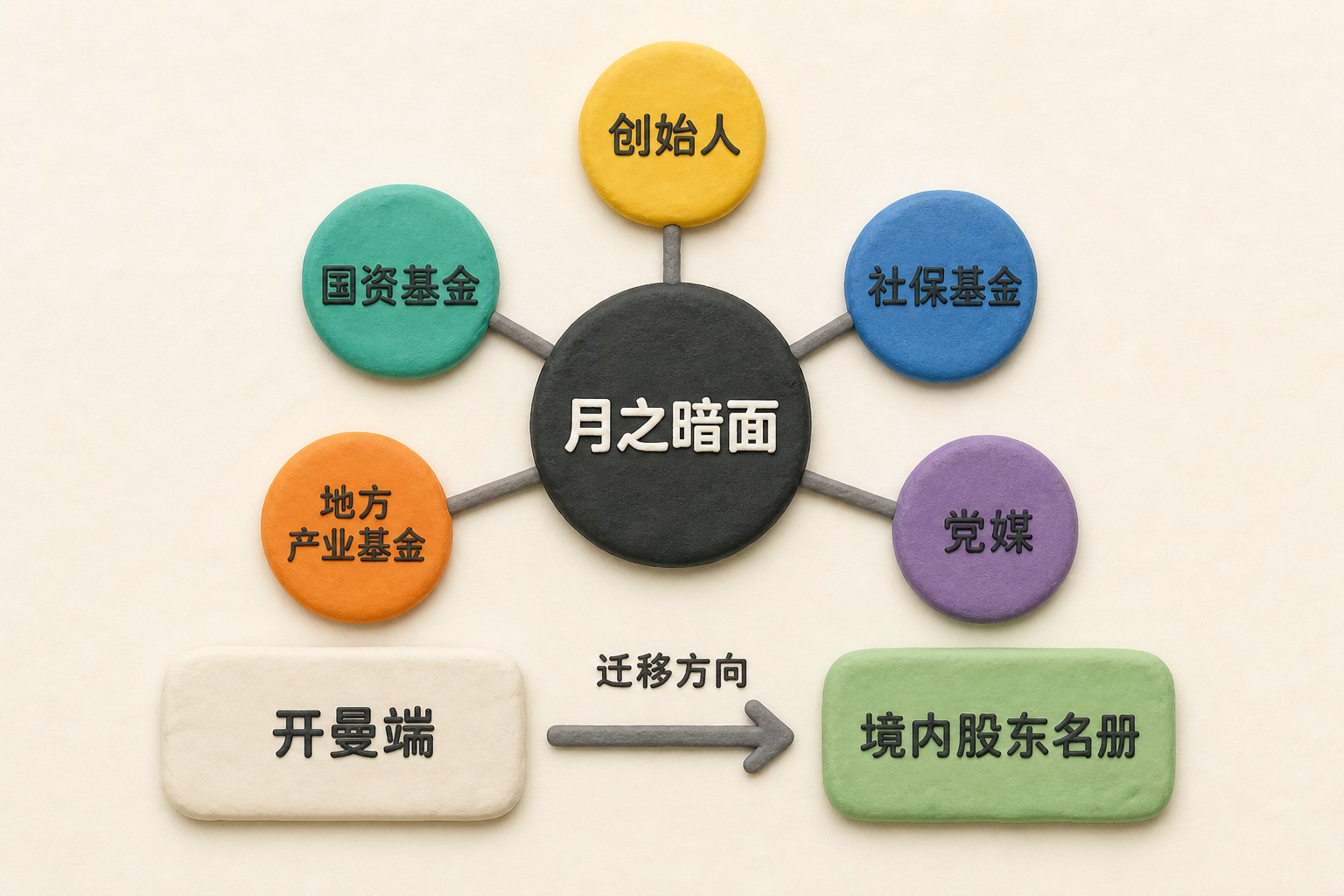 月之暗面位于中心,创始人、国资基金、社保基金、地方产业基金与党媒以不同颜色节点环绕,开曼端与境内股东名册形成迁移关系。文字与数据:主体=月之暗面;关联方=创始人、国资基金、社保基金、地方产业基金、党媒;迁移方向=开曼端至境内股东名册。不显示精确持股数值、日期或未披露排名,只显示以上文字与数据,不补充其他数字、日期、比例、排名或因果关系。浅色背景的商业评论版橡皮泥平面信息图的统一风格。