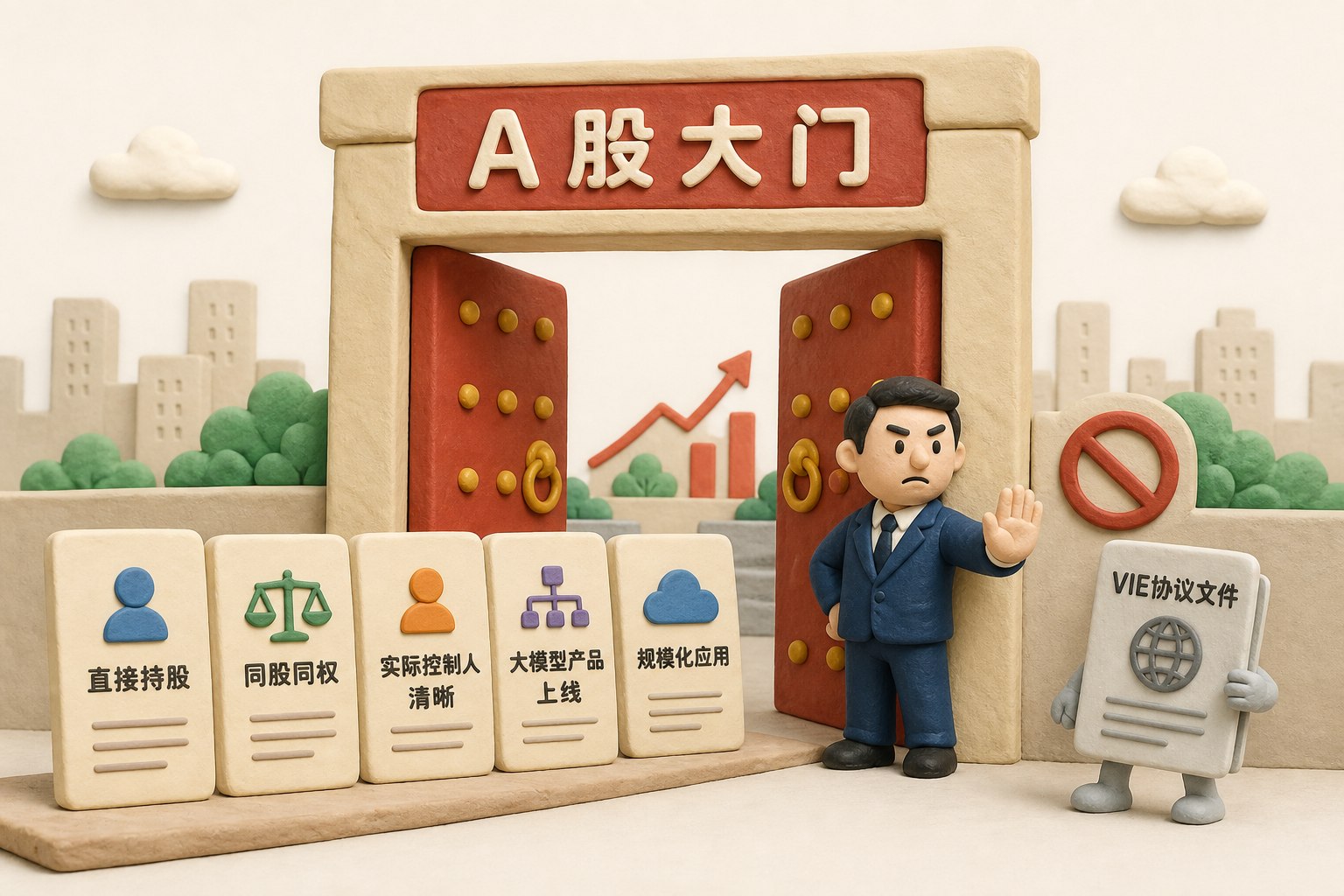 A股大门前放着直接持股、同股同权、实际控制人清晰、大模型产品上线与规模化应用等审核文件,VIE协议文件被挡在门外,不显示数字、日期或虚构审核结果,浅色背景的商业评论版橡皮泥平面信息图的统一风格。