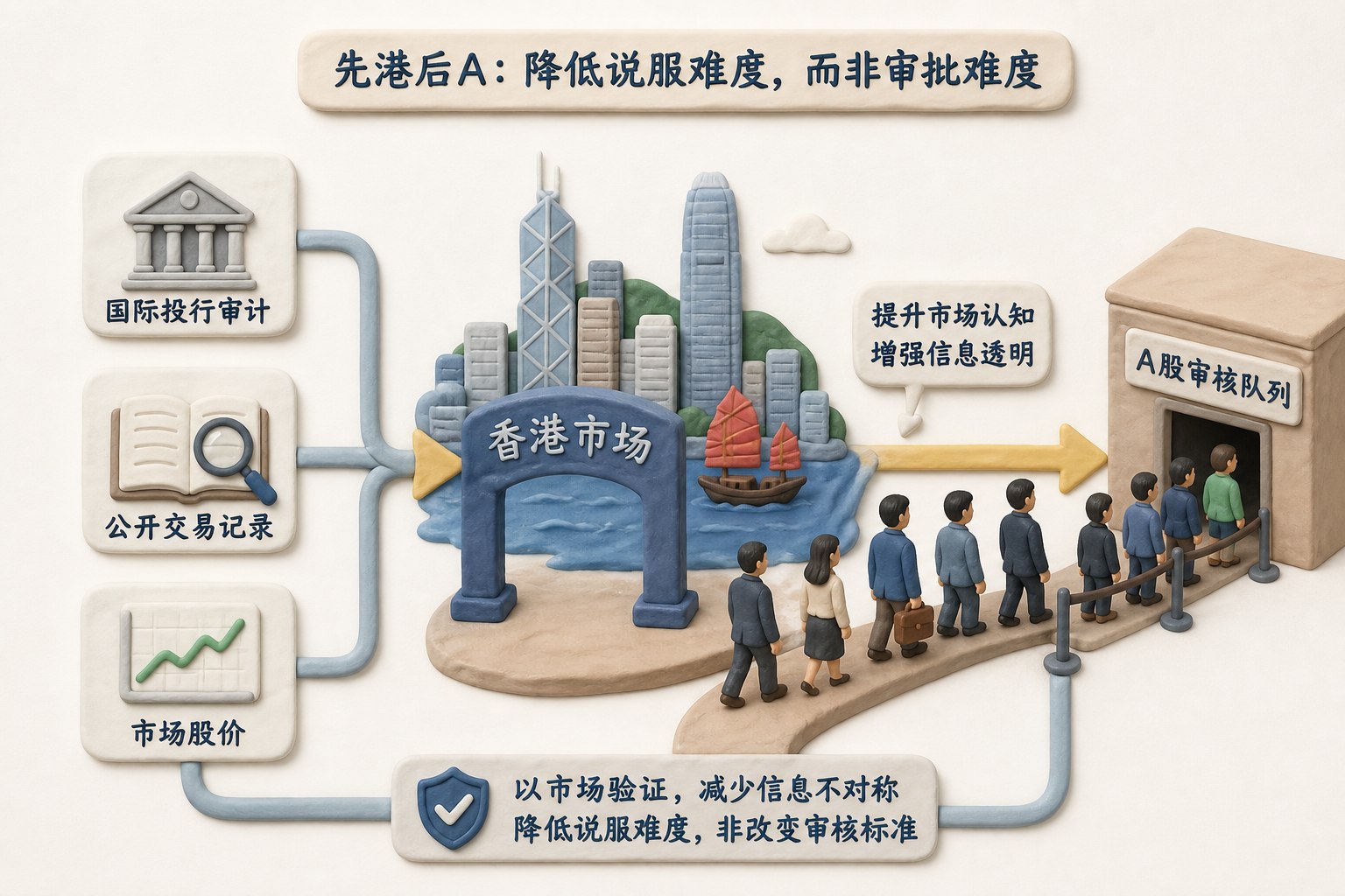 香港市场作为前站,连接国际投行审计、公开交易记录和市场股价,再通向A股审核队列,表现先港后A降低说服难度而非审批难度,不显示数字、日期、比例或虚构因果结论,浅色背景的商业评论版橡皮泥平面信息图的统一风格。
