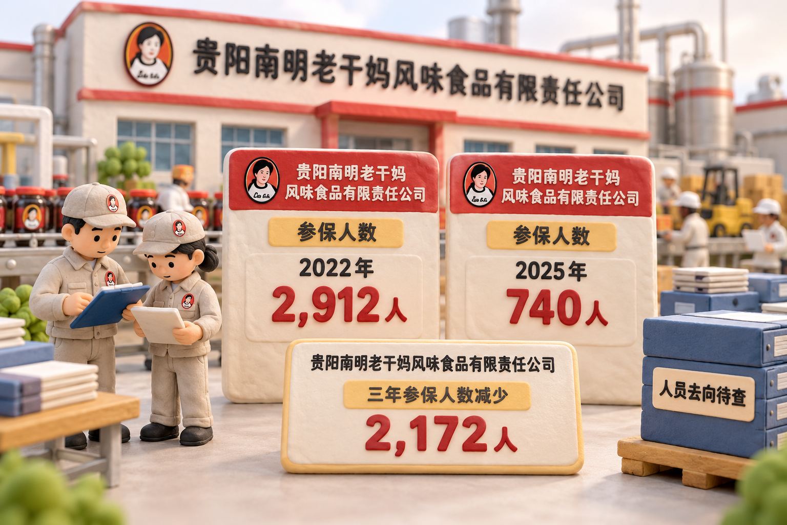 微缩工厂前摆放两块有厚度的立体黏土数据牌,工人站在牌子旁查阅资料,另一侧摆着尚待核查的档案盒,明确这是同一法人主体的参保人数变化,不绘制裁员工人队列,不把人数差额归因为AI;可见事实元素:主体标识“贵阳南明老干妈风味食品有限责任公司”,口径标识“参保人数”,档案盒标注“人员去向待查”