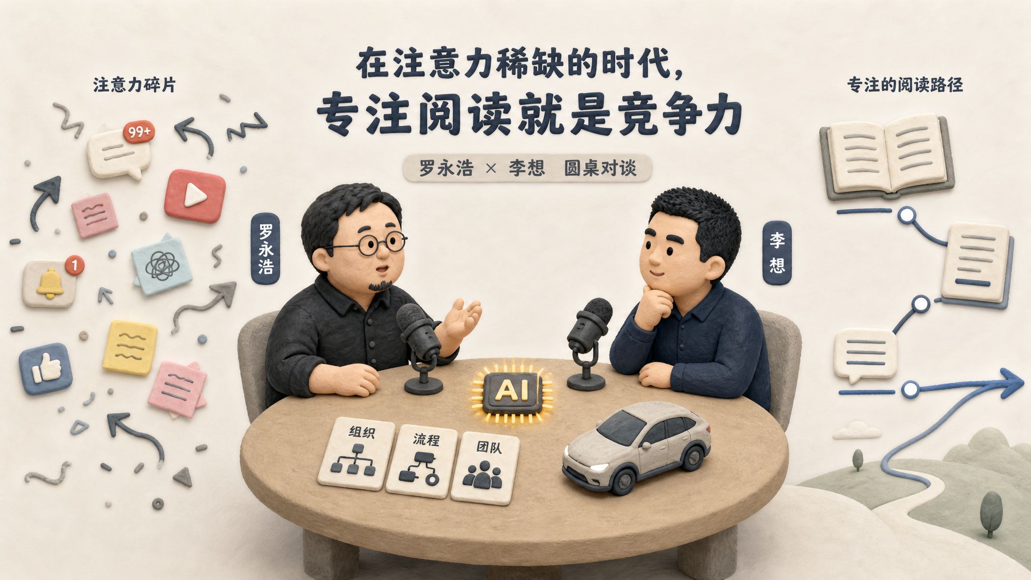 罗永浩与李想坐在播客圆桌两侧对谈，桌面摆着麦克风、AI 芯片、汽车模型和组织结构卡片，背景是分散的注意力碎片与一条清晰的阅读路径，浅色背景的商业评论版橡皮泥平面信息图的统一风格。