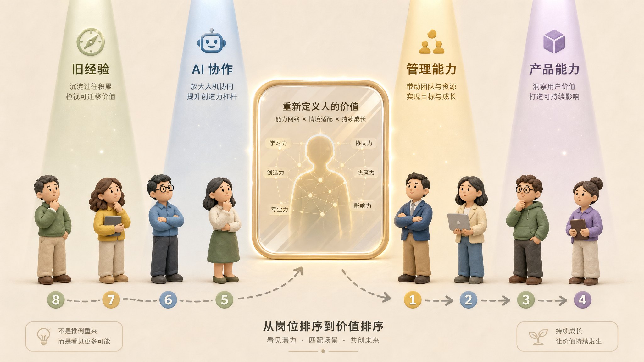 一排员工站在旧经验、AI 协作、管理能力、产品能力四条光束下被重新排序，中央不是裁员剪刀而是一面重新定义人的发光镜子，浅色背景的商业评论版橡皮泥平面信息图的统一风格。