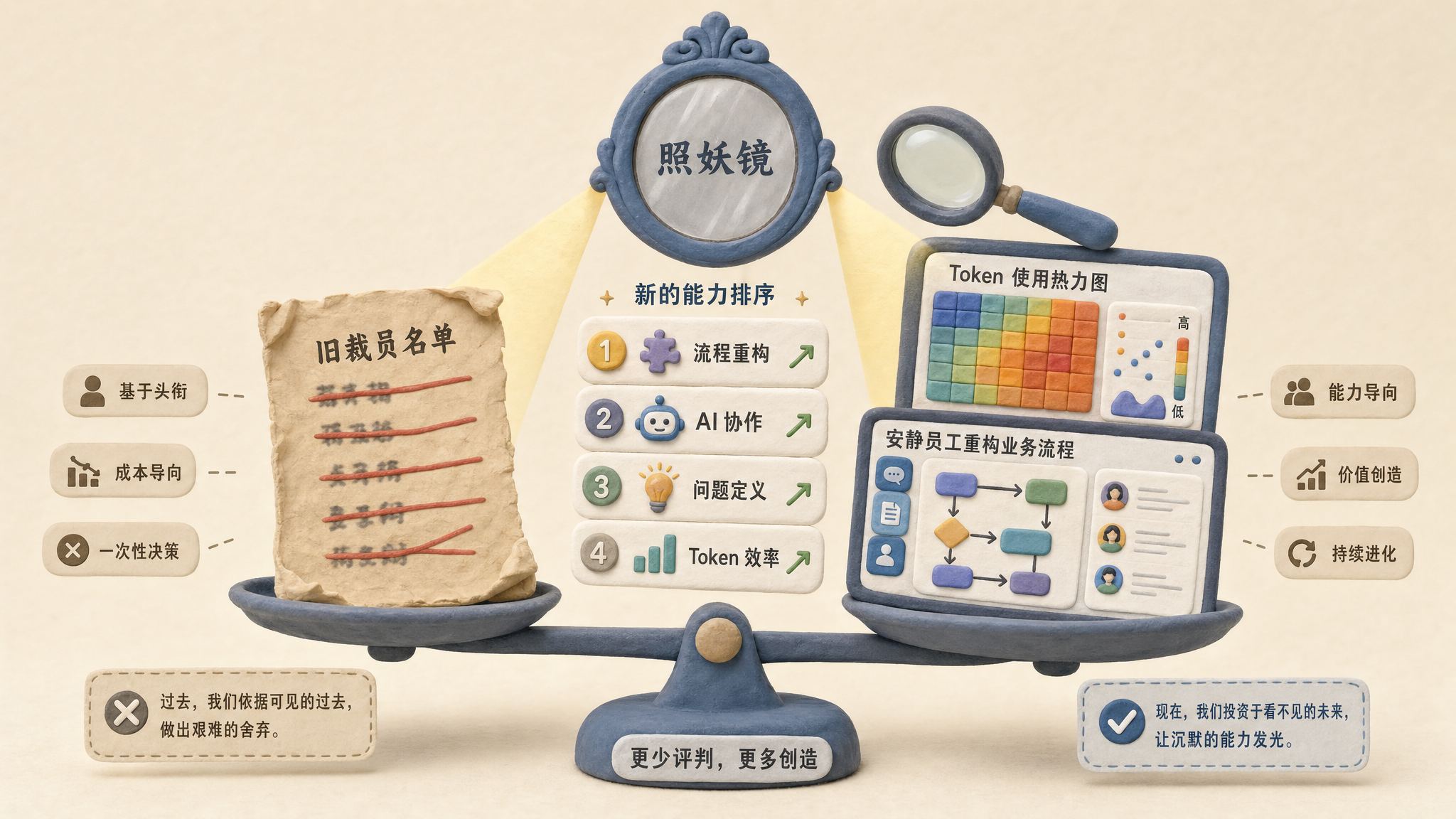 一张旧裁员名单被放在天平左侧，右侧是 Token 使用热力图和几位安静员工重构业务流程的屏幕，照妖镜与放大镜照出新的能力排序，浅色背景的商业评论版橡皮泥平面信息图的统一风格。