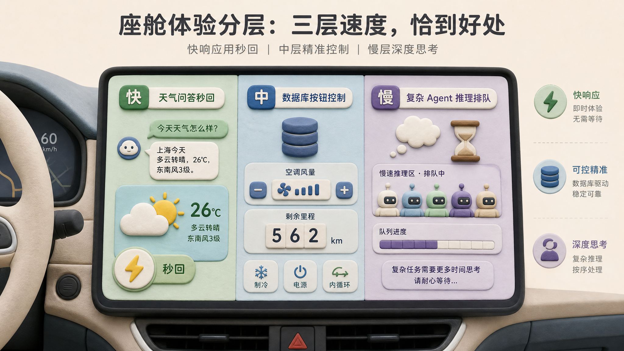 汽车座舱中控屏被分成快中慢三层，左侧天气问答秒回，中间数据库按钮控制空调和里程，右侧复杂 Agent 在慢速推理区排队，强调产品体验分层，浅色背景的商业评论版橡皮泥平面信息图的统一风格。
