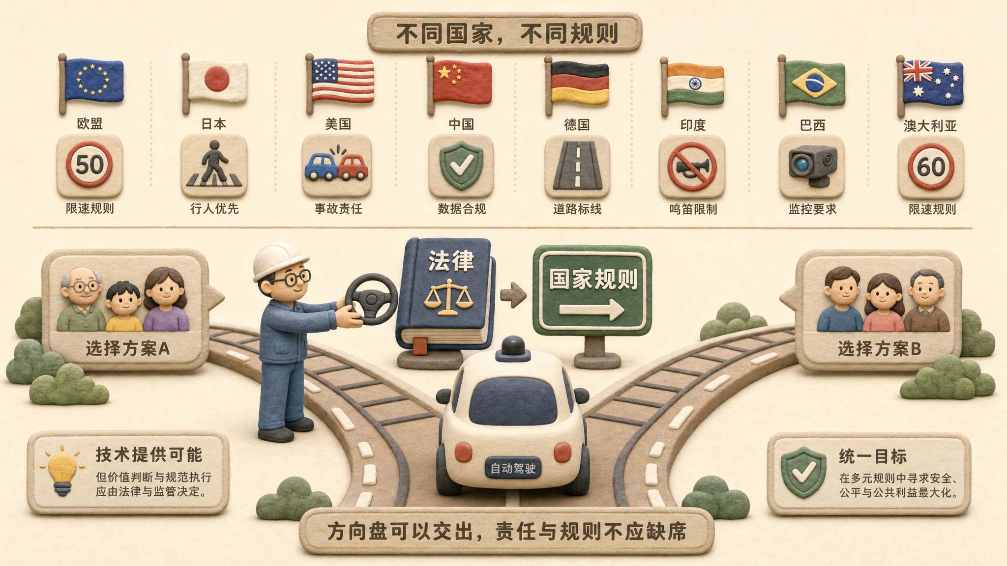 自动驾驶汽车停在电车难题岔路口，车企工程师把方向盘交给法律书和国家规则路牌，远处不同国家旗帜对应不同交通规则，浅色背景的商业评论版橡皮泥平面信息图的统一风格。