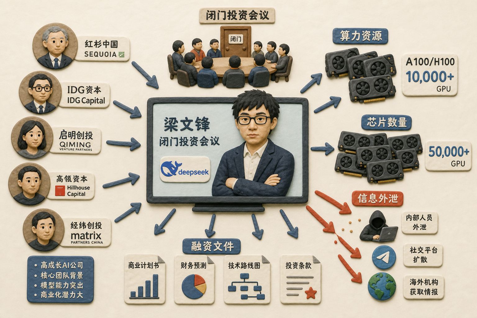 梁文锋站在闭门投资会议屏幕中央,四周环绕投资机构头像、芯片数量、融资文件与外泄箭头,中心辐射式构图,浅色背景的商业评论版橡皮泥平面信息图的统一风格。