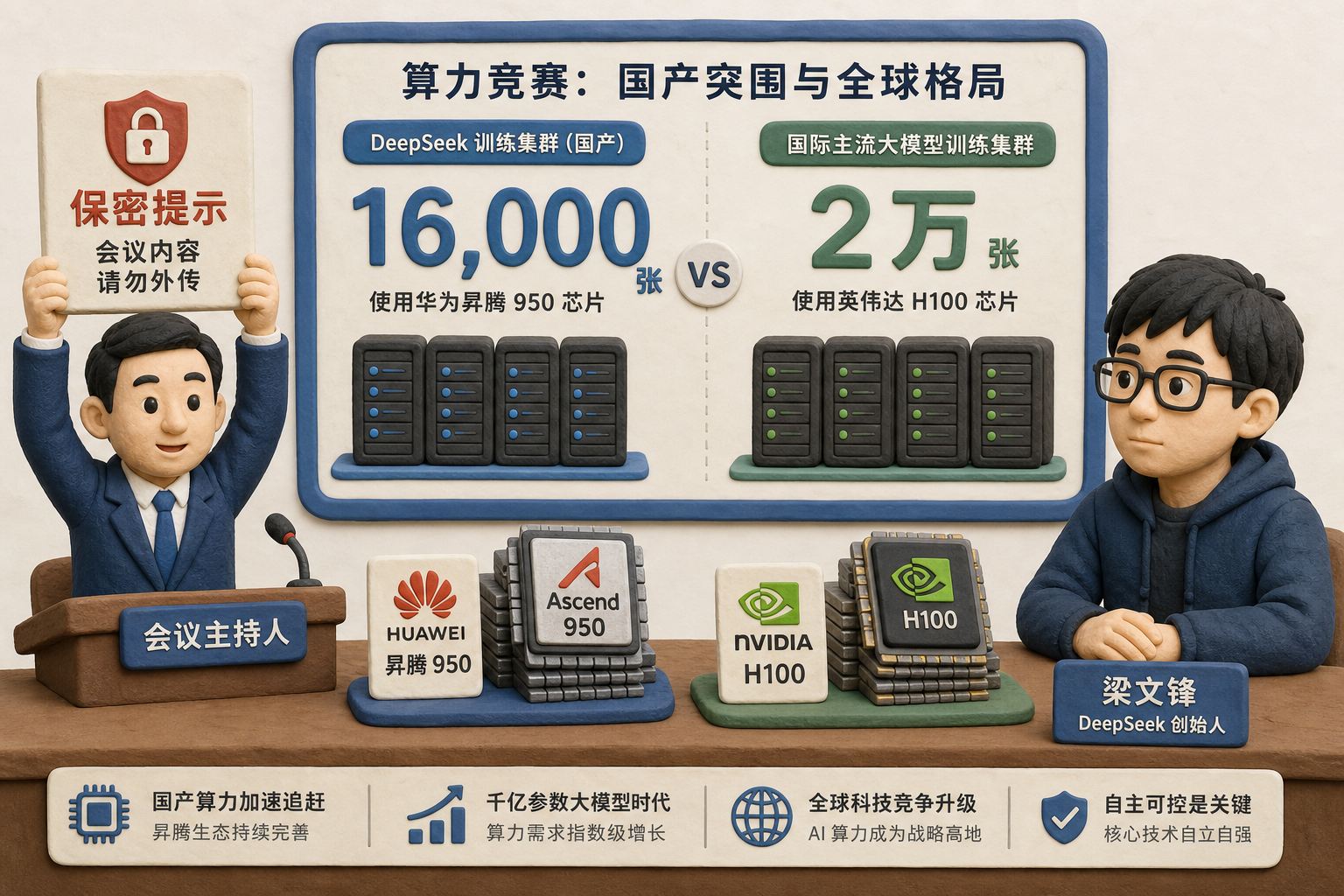 会议主持人举起保密提示牌,旁边的梁文锋面前摆着华为950和英伟达芯片堆,屏幕显示16,000与2万张两个醒目数字,左右对照构图,浅色背景的商业评论版橡皮泥平面信息图的统一风格。