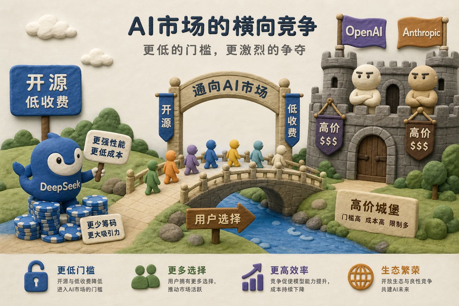 一座标有开源的低收费桥梁通向AI市场,另一侧OpenAI与Anthropic站在高价城堡中,DeepSeek用较少筹码吸引用户过桥,横向竞争构图,浅色背景的商业评论版橡皮泥平面信息图的统一风格。
