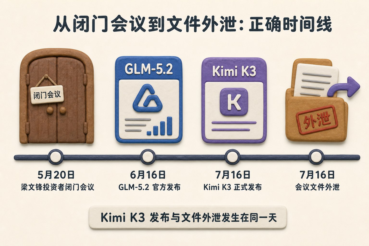 一条从5月20日闭门会议延伸到7月文件外泄的时间轴,沿途出现Kimi K3、GLM-5.2、科技股下跌和焦虑投资人,时间线构图,浅色背景的商业评论版橡皮泥平面信息图的统一风格。