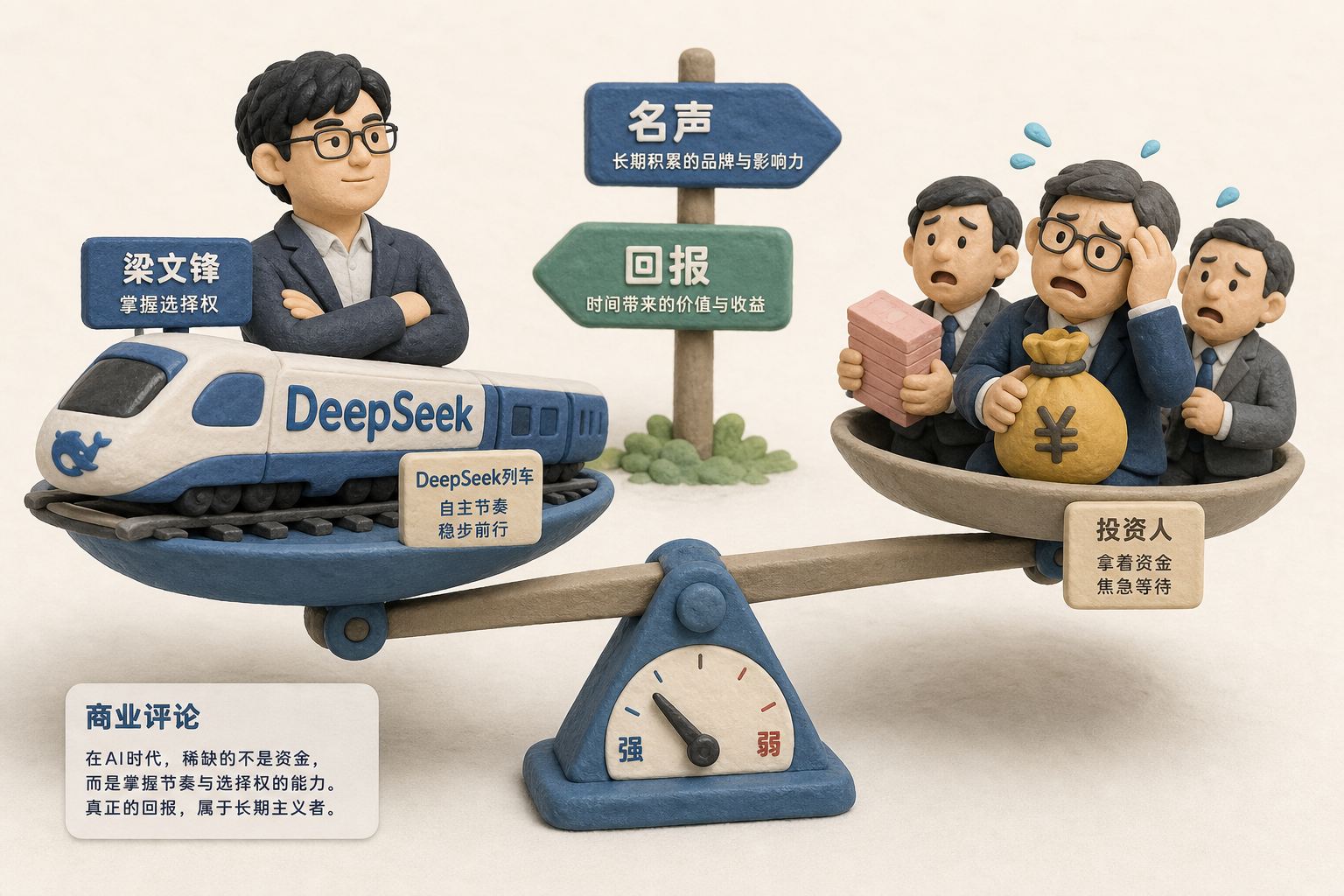 天平一侧是掌握选择权的梁文锋与DeepSeek列车,另一侧是拿着资金却焦急等待的投资人,背景放置名声与回报两个路牌,强弱关系构图,浅色背景的商业评论版橡皮泥平面信息图的统一风格。