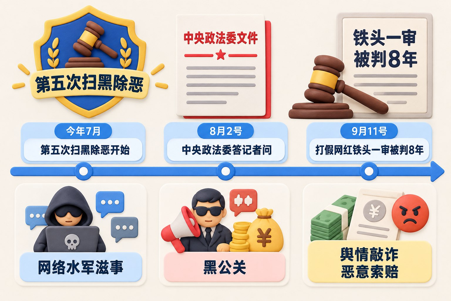 一条从左向右推进的政策与案件时间线，上方是扫黑除恶盾牌和中央政法委文件符号，下方是网络水军、黑公关与铁头案件的节点卡片；可见事实元素：文字“第五次扫黑除恶”“舆情敲诈”“恶意索赔”“网络水军滋事”“铁头一审被判8年”