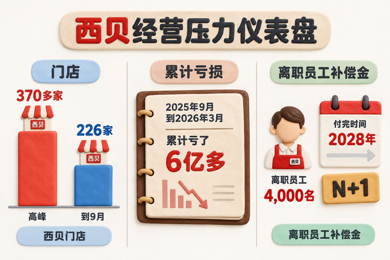 西贝经营压力仪表盘，左侧用两根门店柱形展示高峰与9月口径，中间用亏损账本展示累计亏损，右侧用员工补偿日历展示延期支付，三组信息彼此分隔；可见事实元素：文字“门店”“累计亏损”“离职员工补偿金”“N+1”