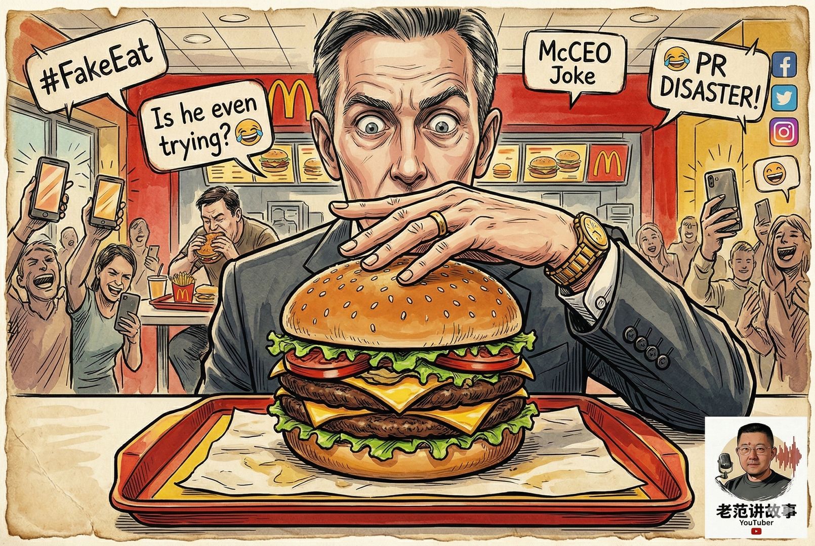 一只巨大的汉堡被摆在快餐托盘中央，前景是一只穿西装的手用极其克制的姿势轻轻靠近汉堡，背景是麦当劳式红黄快餐店座位与讽刺表情的人群，形成“精英假吃”与“街头食欲”强烈反差，羊皮纸，钢笔彩色手绘的统一风格。