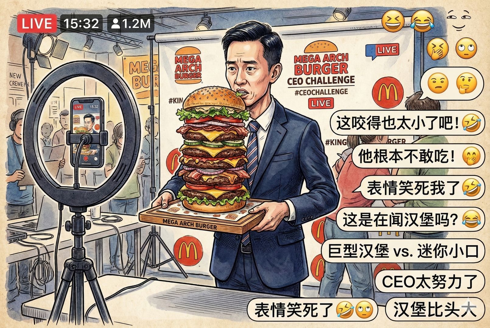 竖屏社交媒体录视频现场，一位瘦削西装CEO站在镜头前举着层层堆叠的大拱门汉堡，补光灯、手机支架、品牌背景板清晰可见，他只张开嘴极小幅度咬向汉堡边缘，旁边漂浮着弹幕般的嘲笑表情，羊皮纸，钢笔彩色手绘的统一风格。