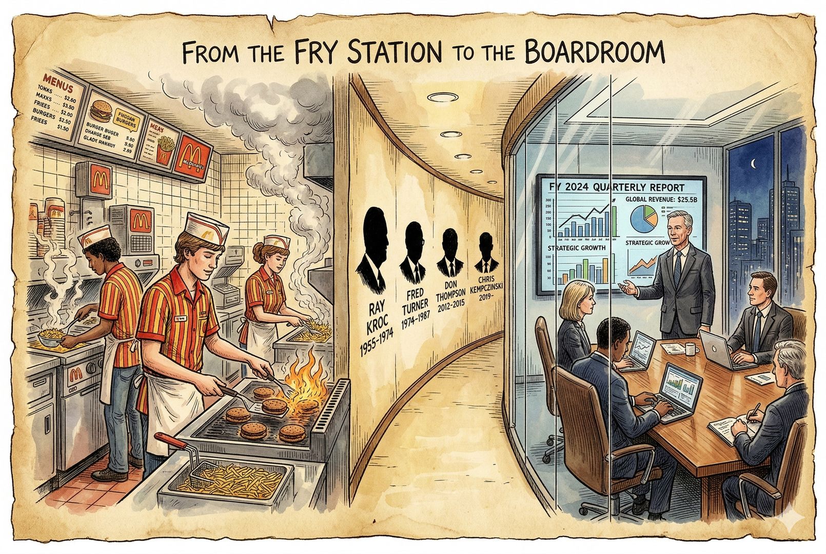 一条时间长廊式画面，从老式麦当劳厨房延伸到现代公司董事会，前段是戴纸帽的店员翻汉堡、炸薯条，后段是穿西装的高管在玻璃会议室看财报，墙上挂着不同年代CEO剪影，展现从“门店长出来的人”到职业经理人的转变，羊皮纸，钢笔彩色手绘的统一风格。
