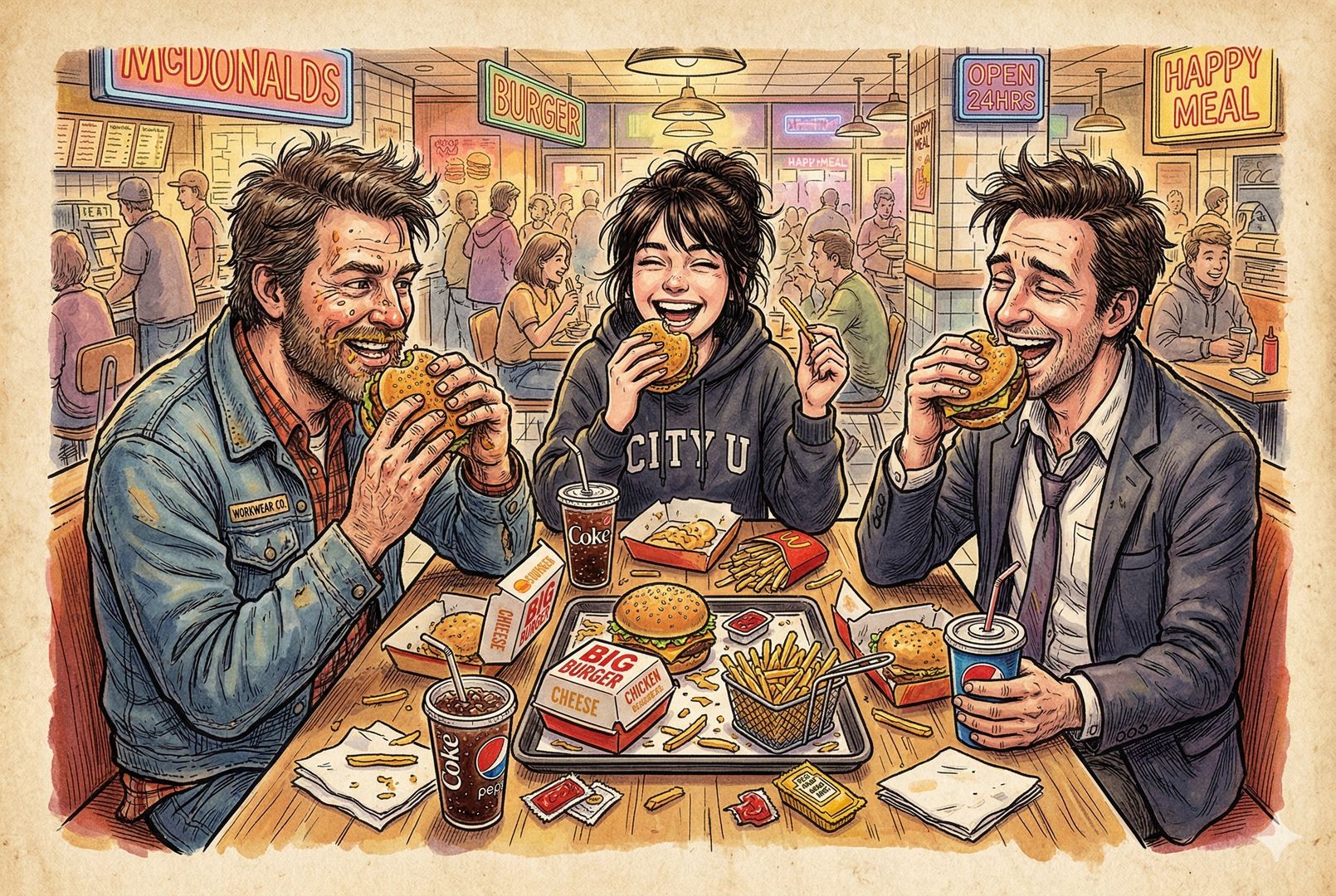 一张热闹的快餐桌俯视图，汉堡、薯条、可乐摊满托盘，工装工人、学生、夜班职员围桌而坐大口吃喝，脸上是下班后的放松和满足，没有说教海报，只有明亮直接的食欲与熟悉感，羊皮纸，钢笔彩色手绘的统一风格。