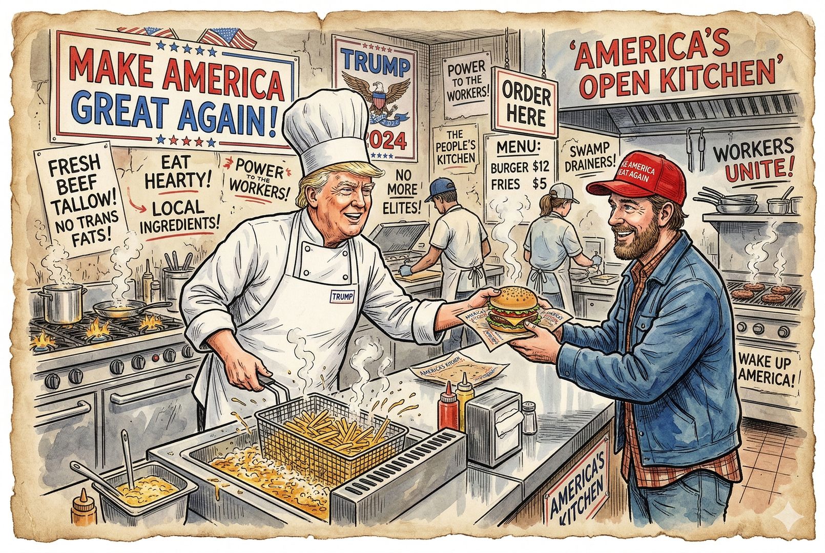 一家美式餐厅开放厨房里，铁篮中薯条在牛油里翻滚，厨师把现炸汉堡递给戴红帽蓝领顾客，背景里竞选海报风格的标语、健康口号与反精英涂鸦彼此对撞，空气里充满油香、火气和政治情绪，羊皮纸，钢笔彩色手绘的统一风格。