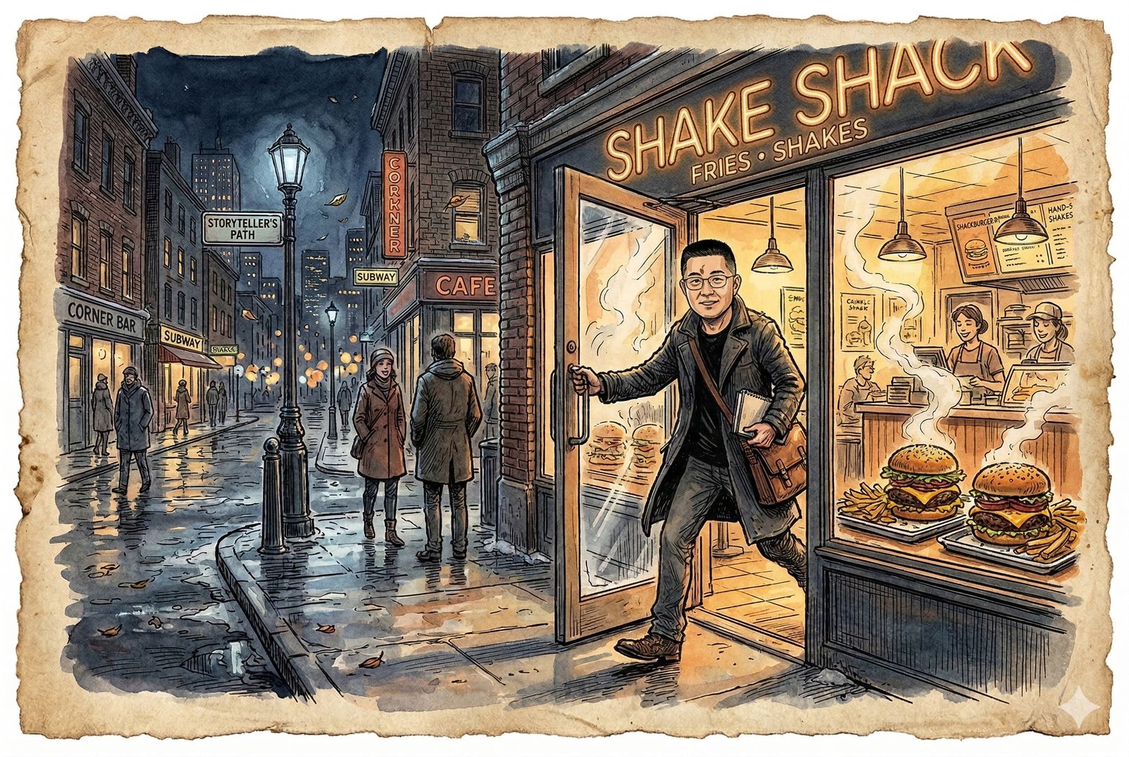 夜色中的城市街角，一位讲故事的人推开汉堡店玻璃门，暖黄灯光照在厚实多汁的大号汉堡和堆高薯条上，门外冷风与门内热气形成鲜明对比，像一场对“即时满足”的郑重奔赴，羊皮纸，钢笔彩色手绘的统一风格。