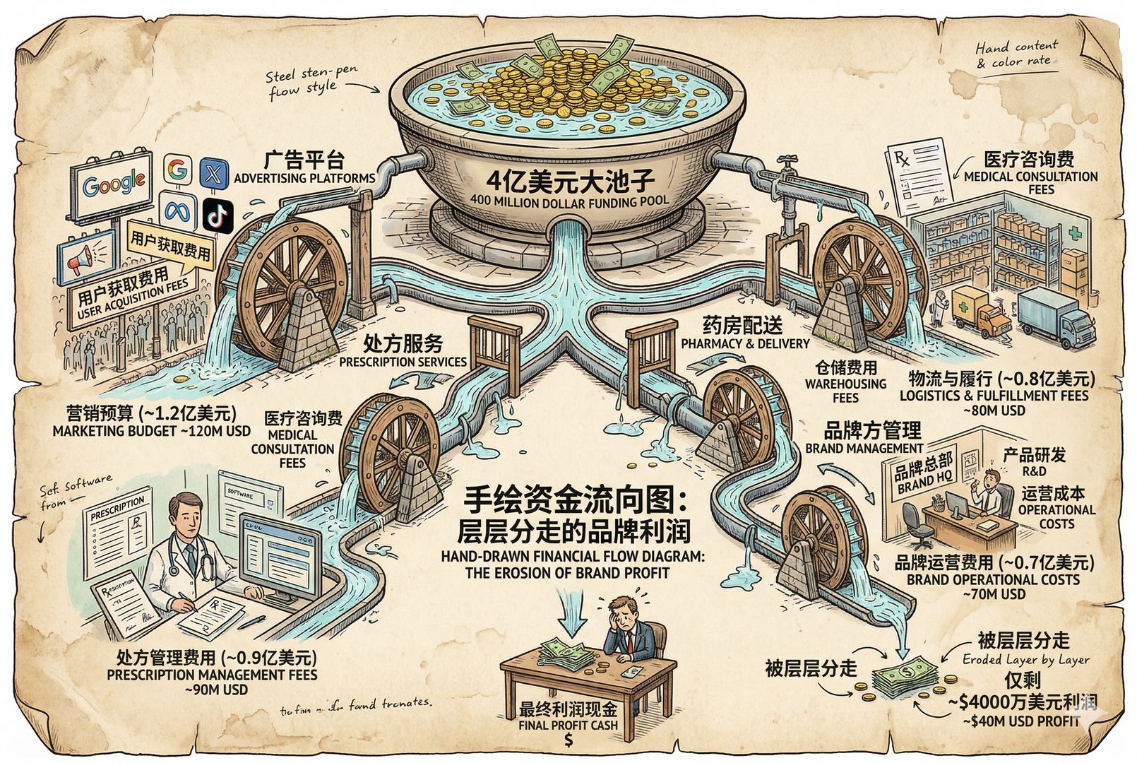 一张手绘资金流向图，从4亿美元大池子分流到广告平台、处方服务、药房配送和品牌方，最终品牌方只剩一小叠利润现金，像被多道水渠层层分走，羊皮纸，钢笔彩色手绘的统一风格。