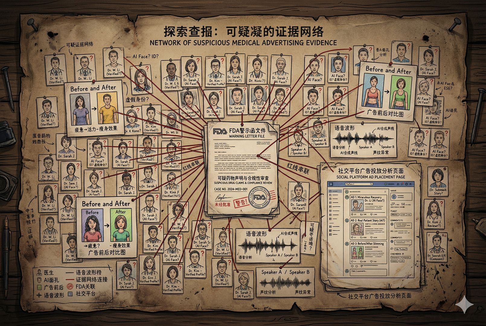 暗色调调查板上钉着数百个医生头像卡片、AI生成面孔、广告前后对比图和语音波形，红线串联到FDA文件与社交平台投放页面，呈现一张可疑证据网络，羊皮纸，钢笔彩色手绘的统一风格。