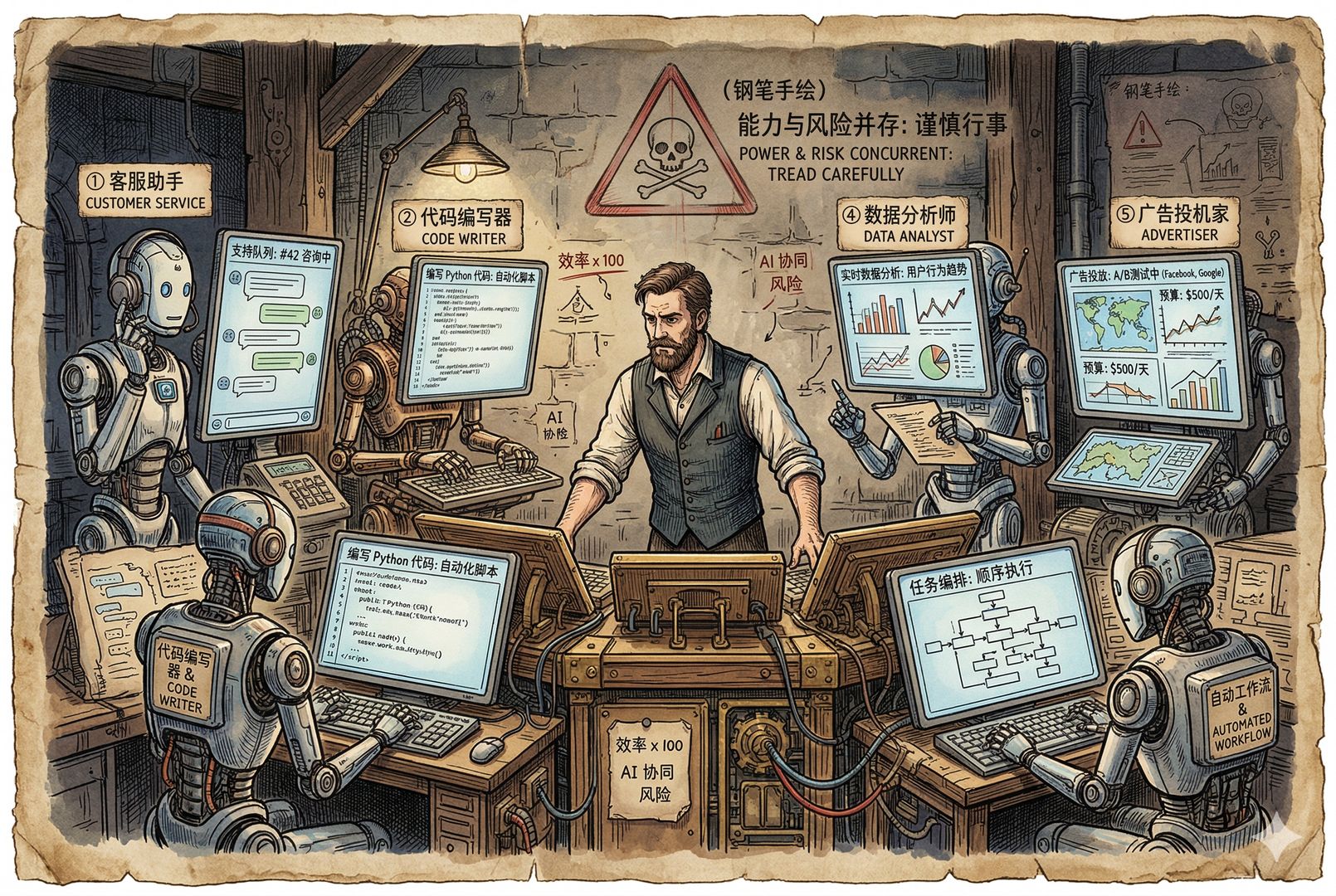 一个人站在由多个AI分身协作的工作台前，屏幕上同时进行客服、写代码、投广告、数据分析和自动工作流，背后却隐约浮现警示标志，表现能力与风险并存，羊皮纸，钢笔彩色手绘的统一风格。