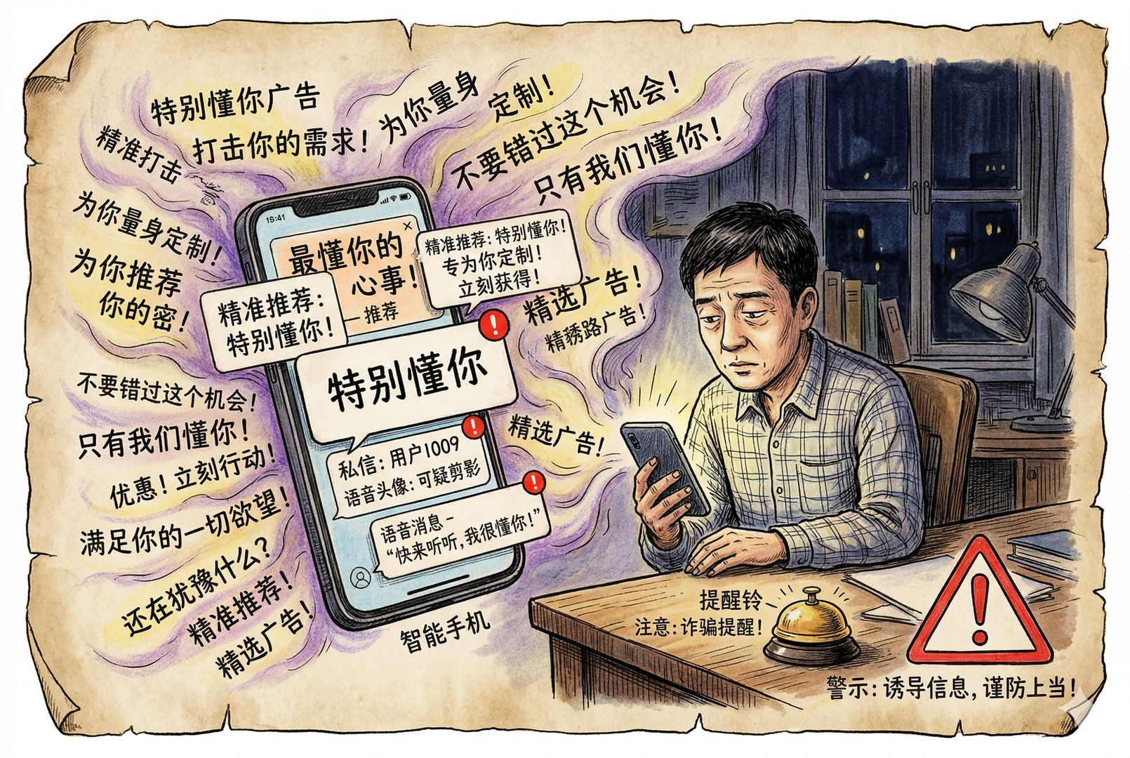 夜色中一位普通人盯着手机，屏幕里不断弹出“特别懂你”的广告、私信和语音头像，周围像雾一样浮现诱导词句，而他手边放着一只提醒铃与放大的警示符号，羊皮纸，钢笔彩色手绘的统一风格。