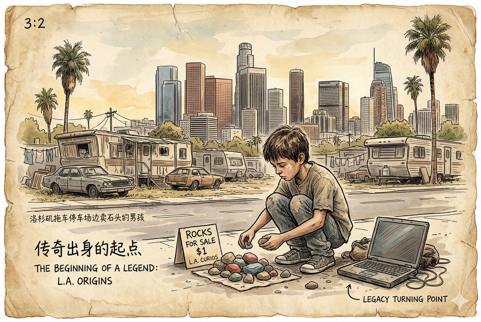 洛杉矶拖车停车场边，一个小男孩蹲在路边卖石头，远处破旧拖车与城市天际线同框，后来的人生转折以一台旧笔记本电脑静放一旁，呈现传奇出身的起点，羊皮纸，钢笔彩色手绘的统一风格。