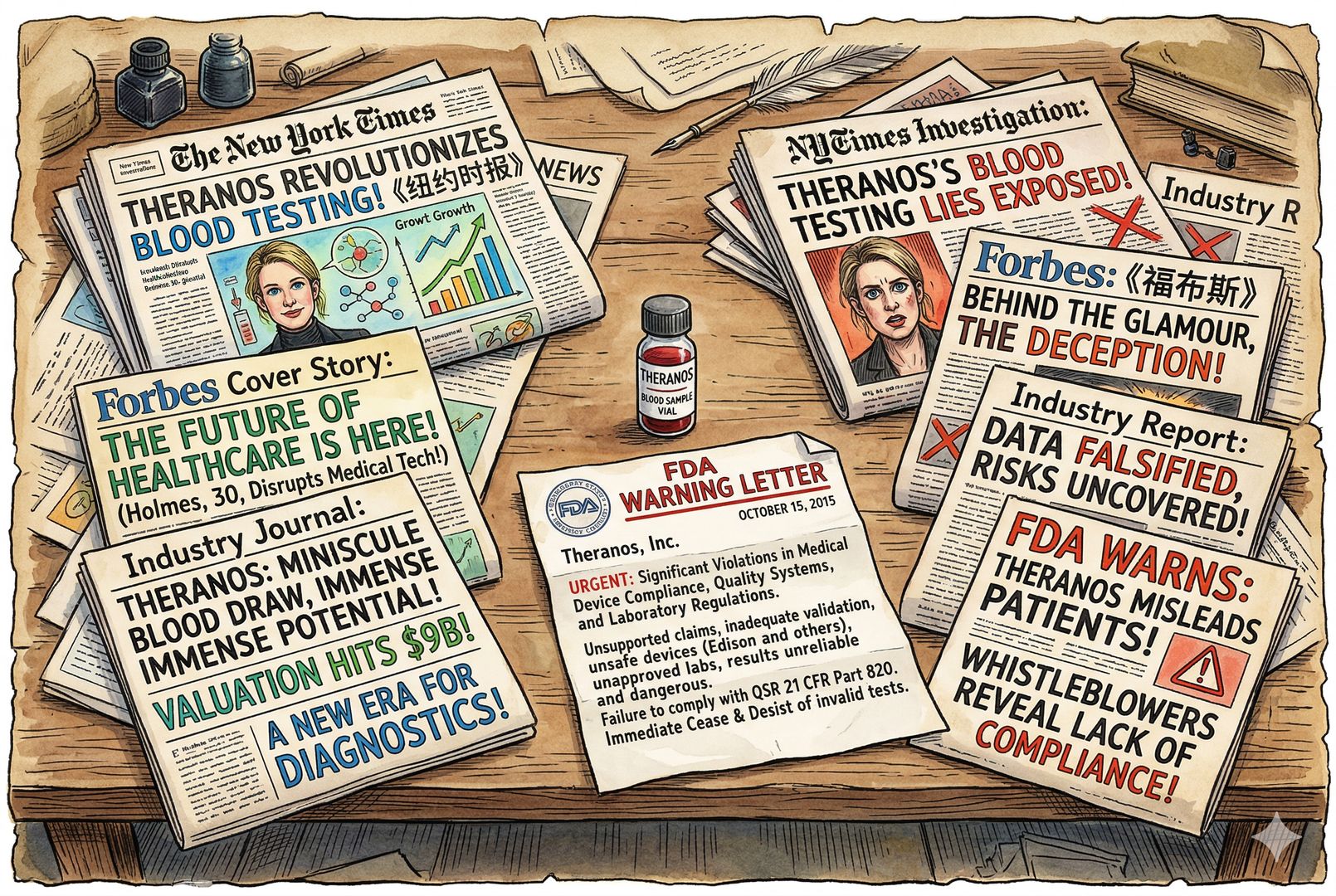 一张长桌上铺满《纽约时报》《福布斯》和行业杂志的版面，正面标题与负面质疑彼此对冲，中央是一枚药瓶和FDA警告信，形成媒体热捧与监管阴影交织的场面，羊皮纸，钢笔彩色手绘的统一风格。
