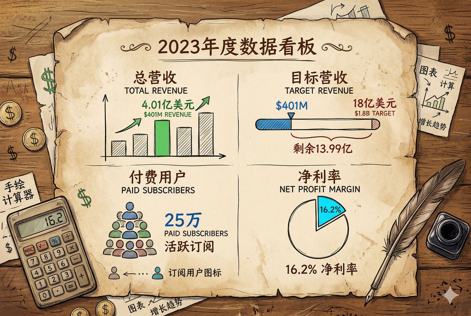羊皮纸质感的数据看板，上面用手绘图表标出4.01亿美元营收、18亿美元目标、25万付费用户和16.2%净利率，旁边散落计算器、美元符号和订阅用户小图标，羊皮纸，钢笔彩色手绘的统一风格。