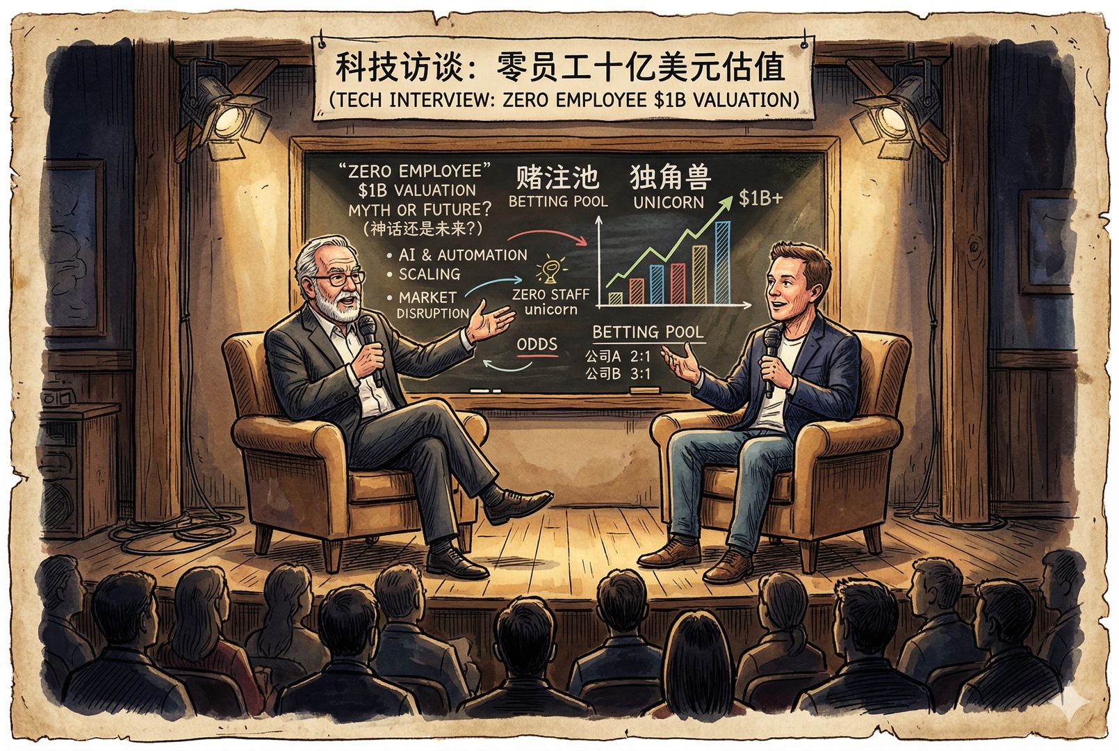 一场科技访谈现场，两位创业大佬坐在聚光灯下讨论“零员工十亿美元估值”，背景黑板上写着赌注池和独角兽图案，台下观众模糊成剪影，羊皮纸，钢笔彩色手绘的统一风格。